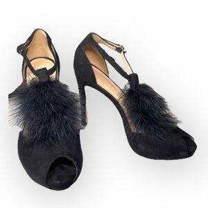 Talbots Black Suede Feather Trim T-Strap Heels Cocktail Statement Pumps Size 8B